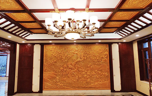 迁西中式别墅客厅中式木作横梁吊顶装饰展示