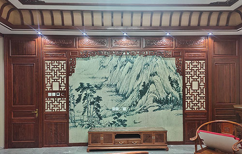 迁西中式仿古别墅客厅背景墙花格木作装饰